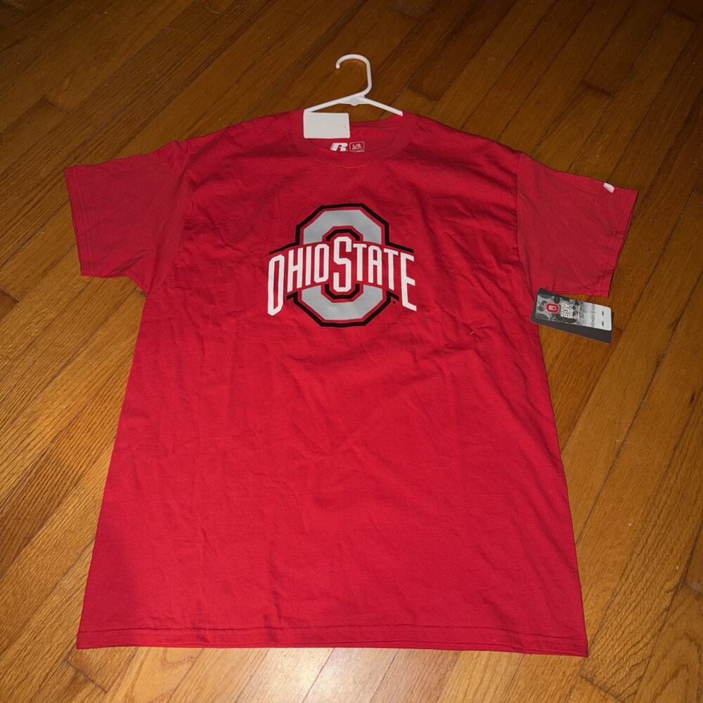 Ohio State Football T Shirt Russell Athletic Buckeyes Red Short Sleeve Mens Sz L